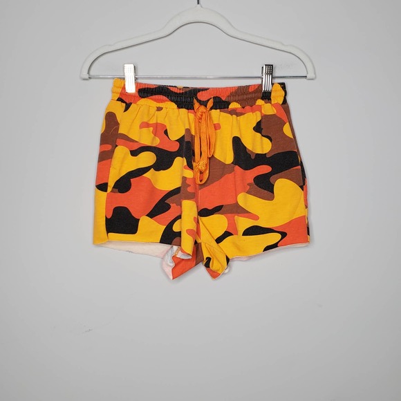 FASHION NOVA Orange Black Camouflage Drawstring Elastic Waist Shorts Sz Small S - Picture 2 of 7